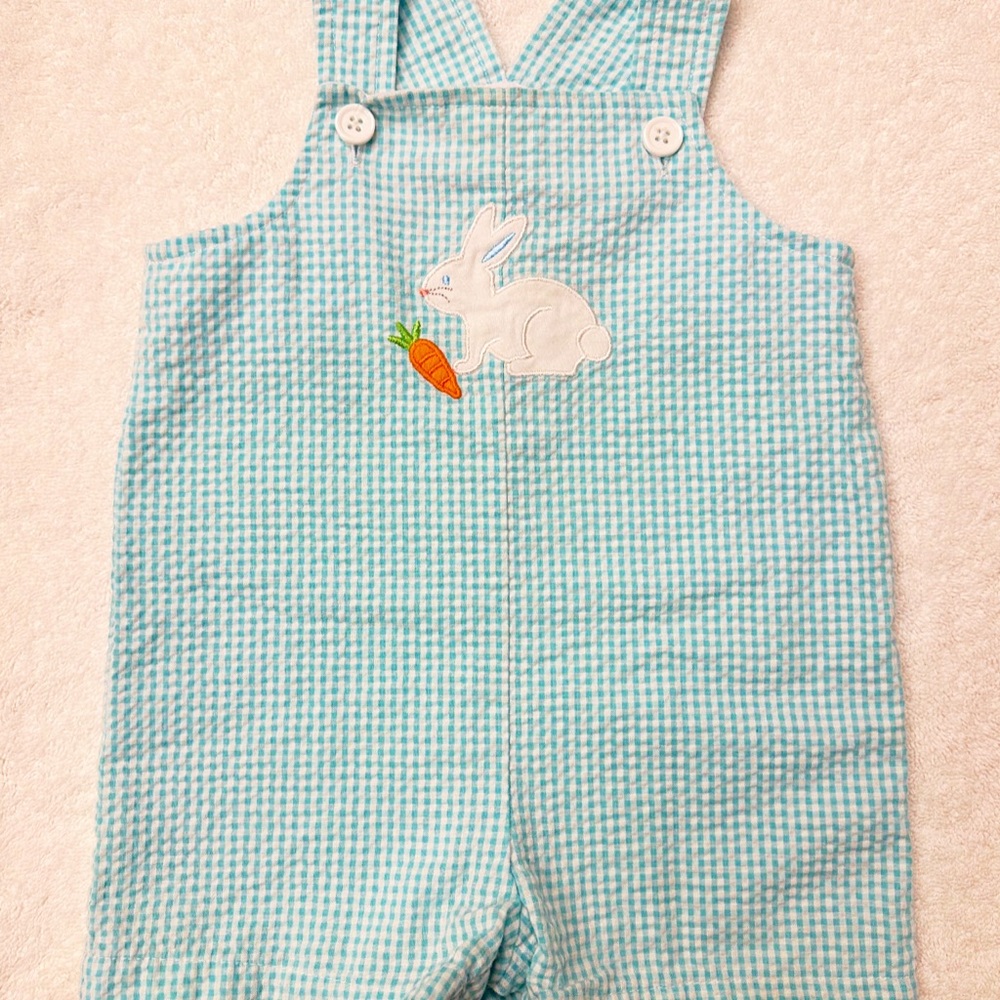 Blue Gingham Romper – Rabbit & Carrot Embroidery (Size: 12 Months)